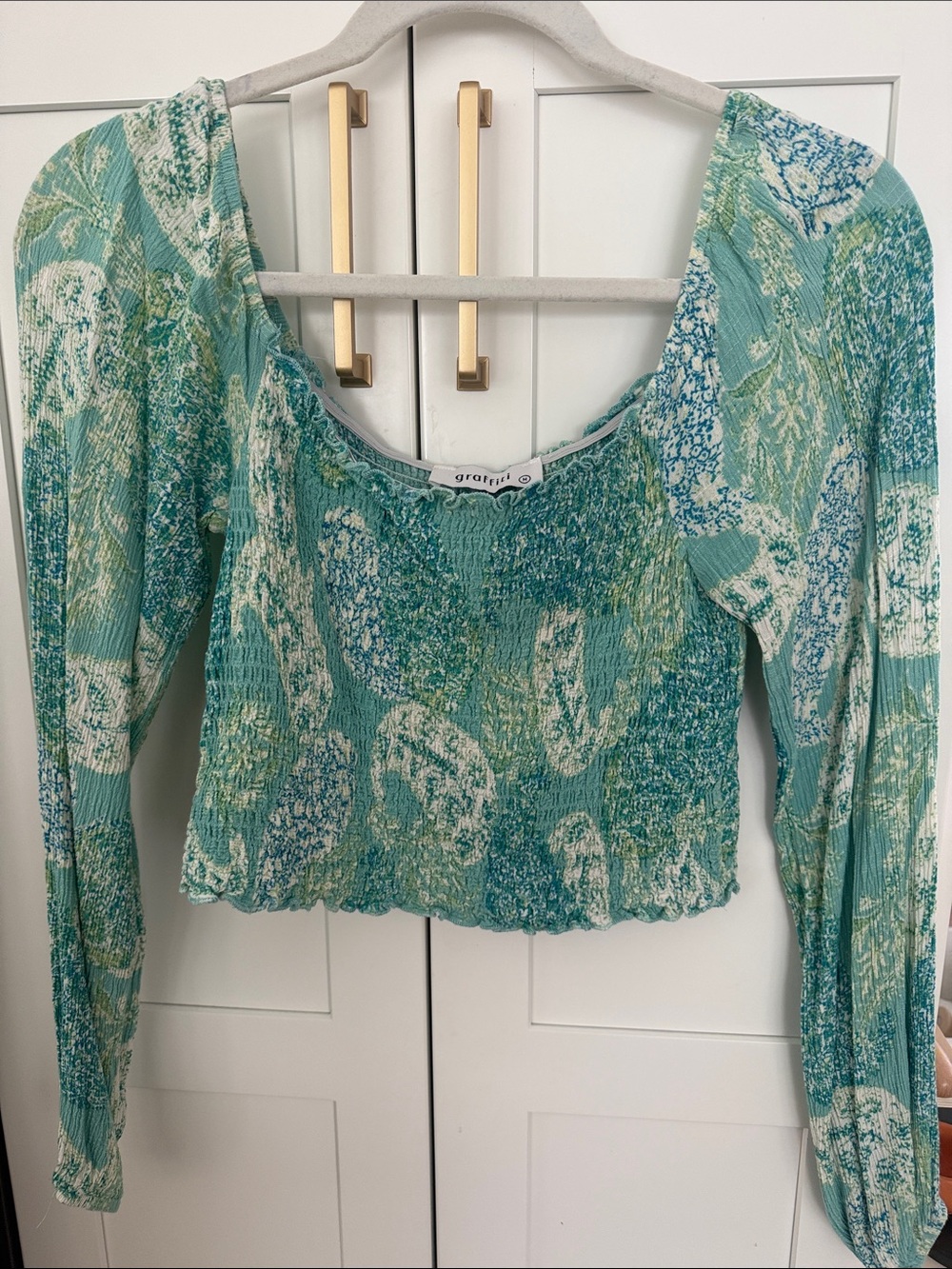 Garage Seafoam Green Smocked Long-Sleeve Crop Top